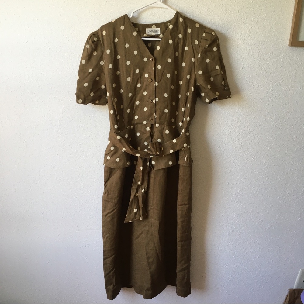 Vintage olive green polka dot belt secretary dress M Flawed